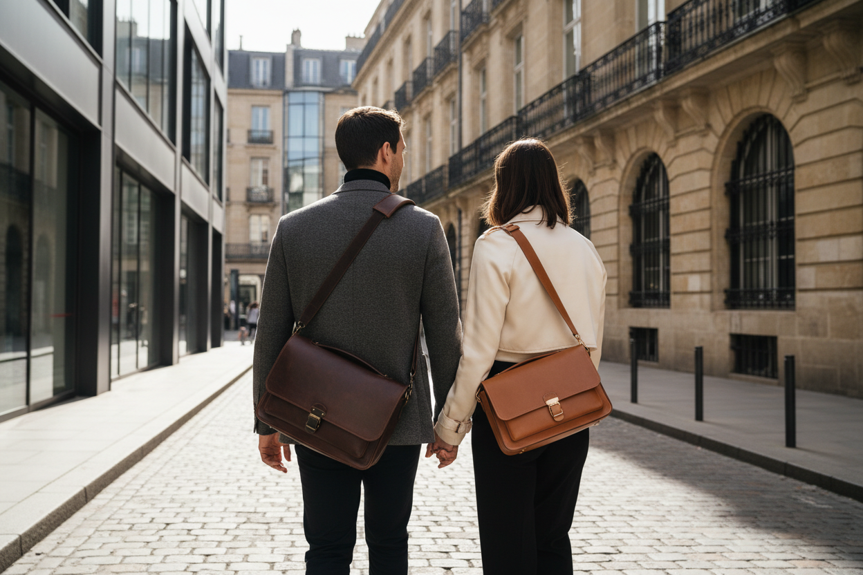 un couple en ville avec bandoulière on voit leur têtes mais pas les visages